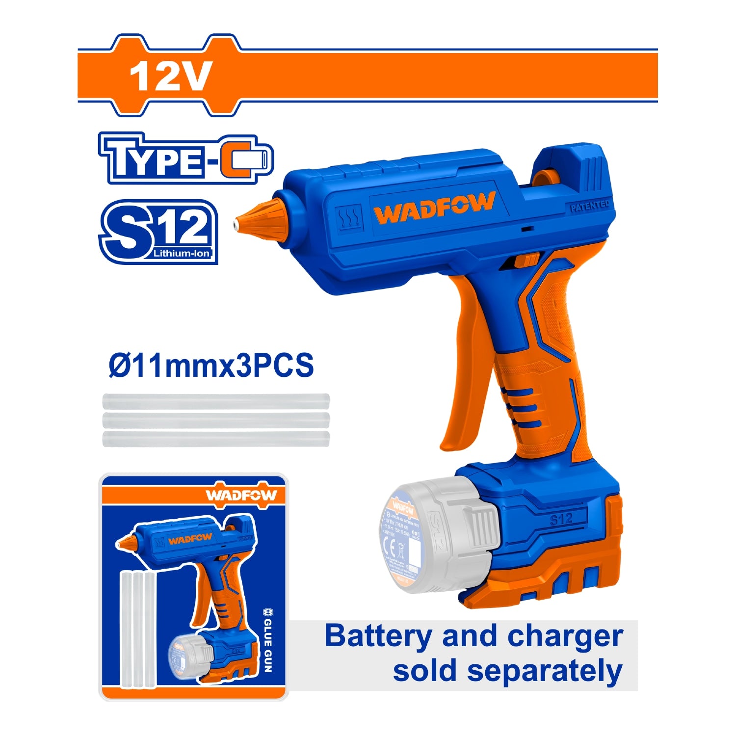 Pistola de Silicón 12V Incluye 3 barras de pegamento. Batería y cargador por separado.