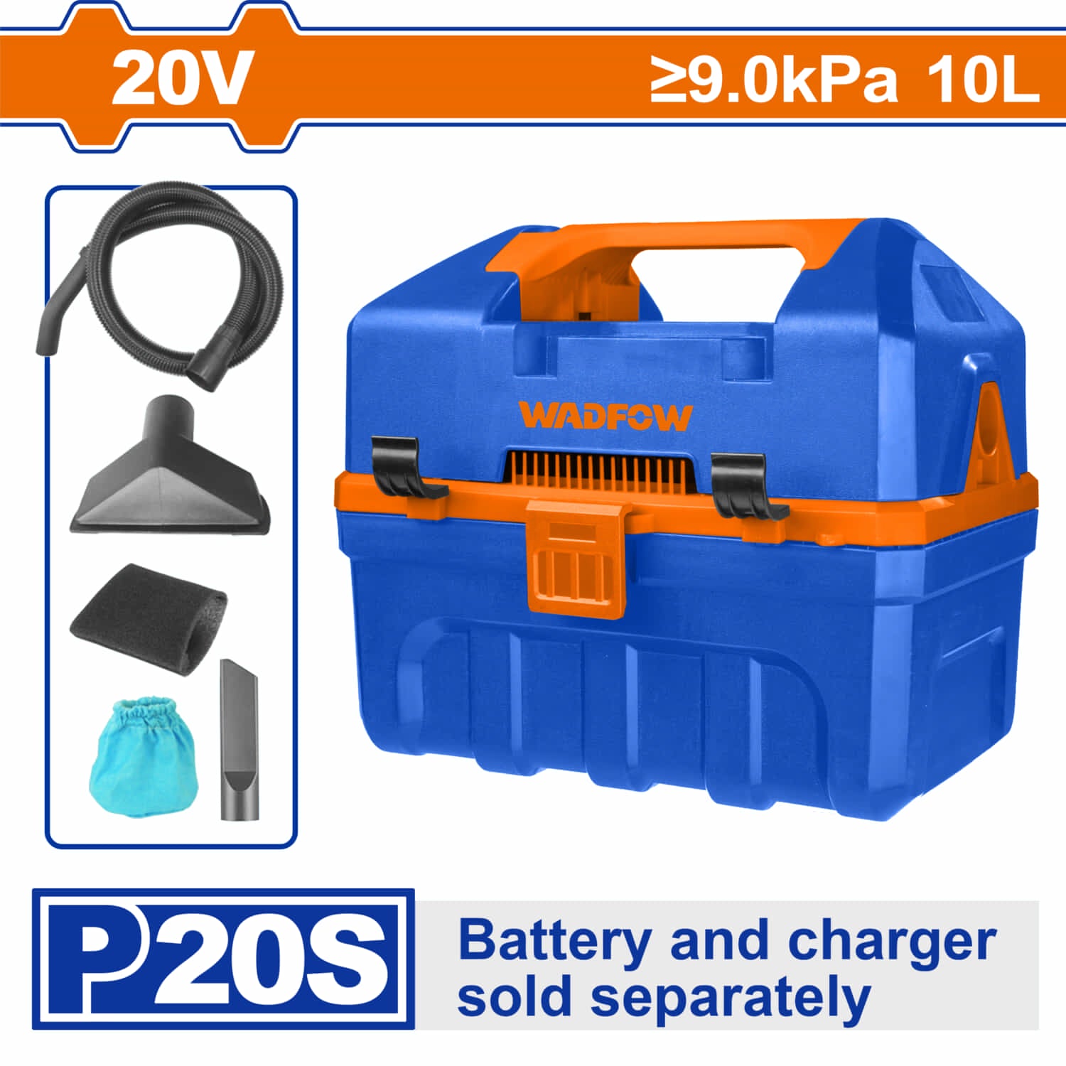 Aspiradora Inalámbrica 10L 20V Succión ≥9.0 kPa Incluye accesorios. Batería y cargador por separado.