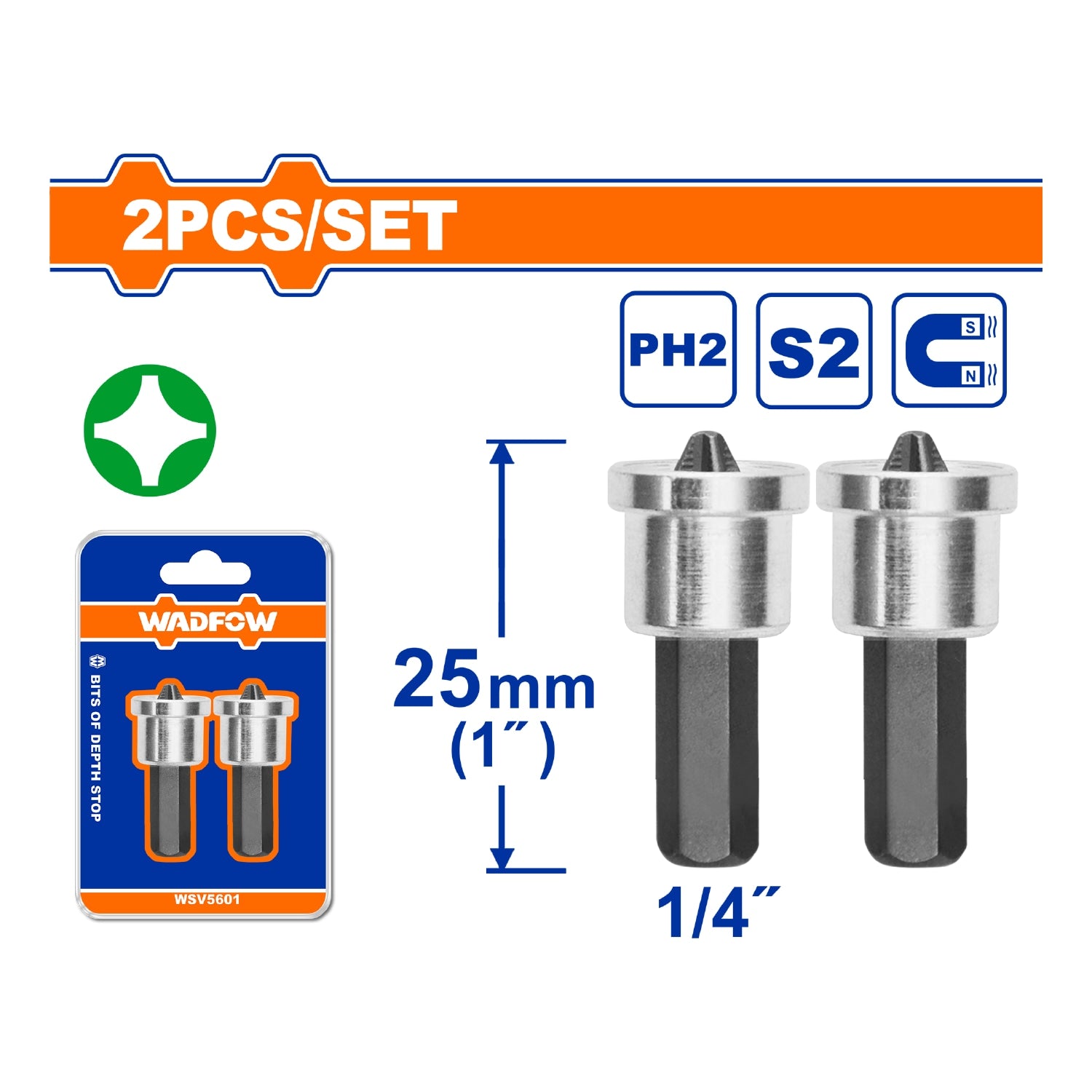 Puntas De Destornillador PH2 1/4" X25mm Con Limitador Acero S2 Set de 2 Piezas. Punta Con Tope.