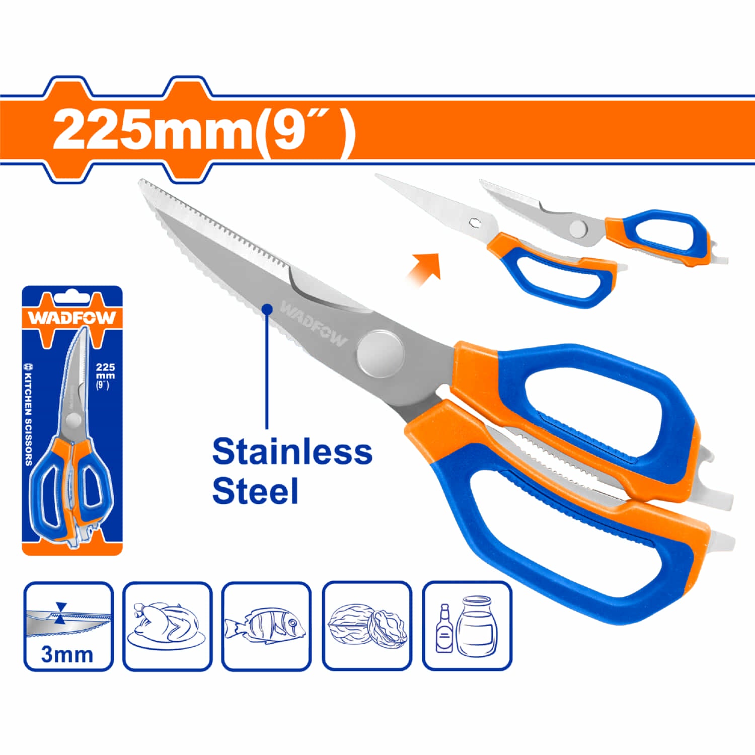 Tijera de Cocina 9" de Acero Inoxidable. Ancho de la Hojilla: 3.0mm. Ideal para cortar, raspar, cascanueces, abrebotellas y abrelatas.