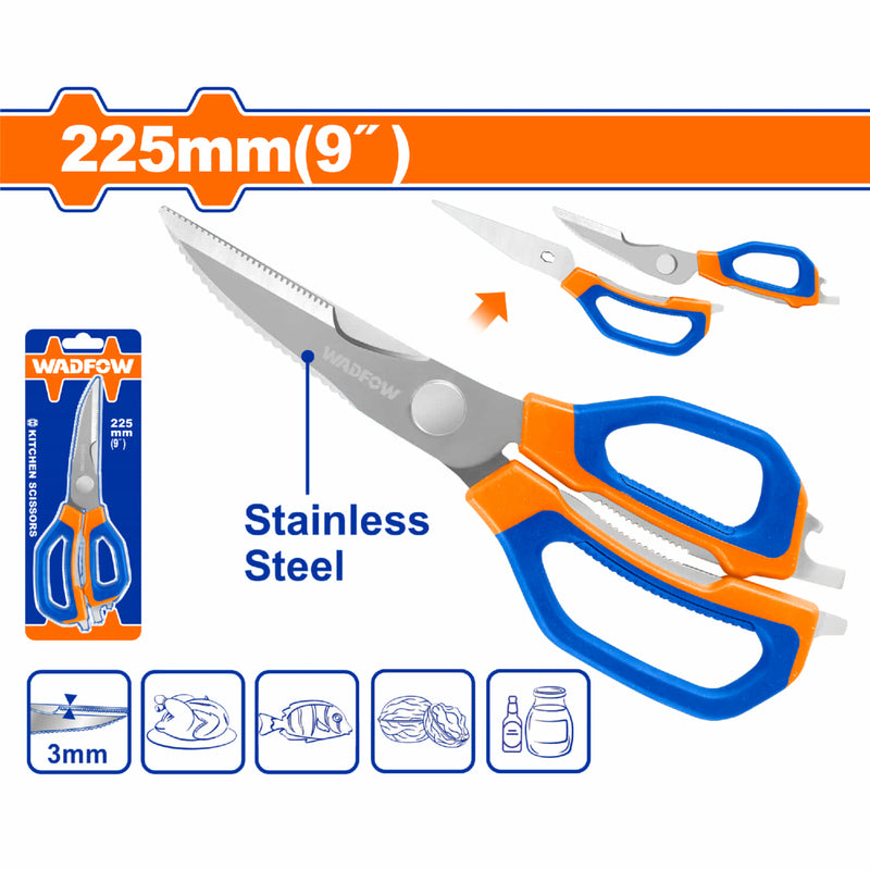 Tijera de Cocina 9" de Acero Inoxidable. Ancho de la Hojilla: 3.0mm. Ideal para cortar, raspar, cascanueces, abrebotellas y abrelatas.
