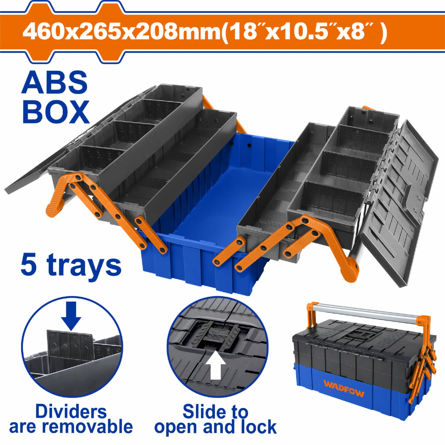 Caja de herramientas plástica 35Kg 18"x10.5"x8" con 5 bandejas, manija de acero y divisores.
