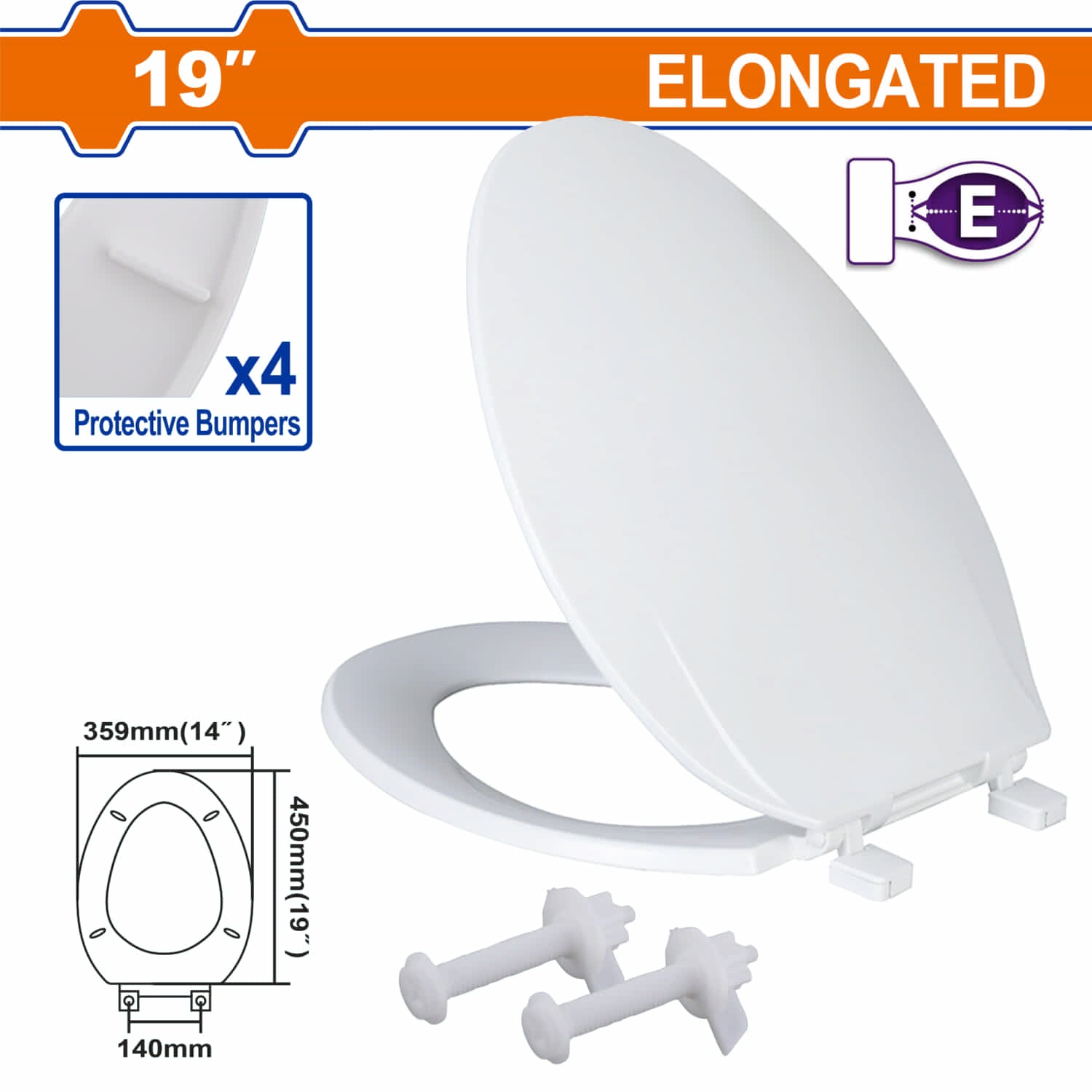 Tapa de asiento alargado para inodoro 19" Color blanco Incluye tornillos y tuercas. Tapa de poceta.