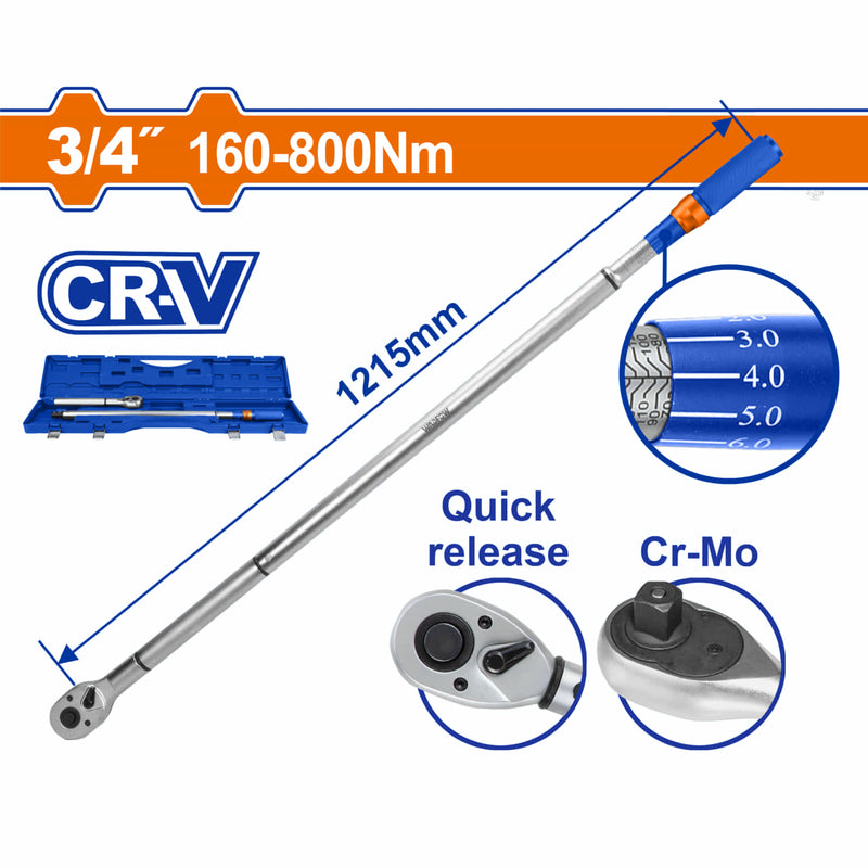 Torquímetro extensible 3/4" 160-800Nm. Cr-V. Liberación rápida. Cr-Mo. Long: 1215mm. Tolerancia de torque: ±4% Tratamiento térmico. Cromado.