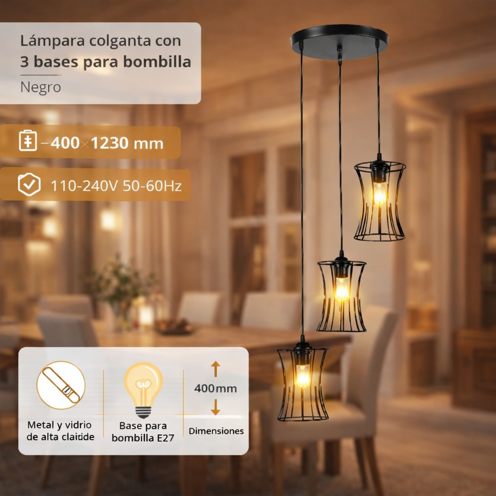 Lámpara Colgante Negra Elegante 3XE27 Decoración Moderna de Hierro 150x1205mm