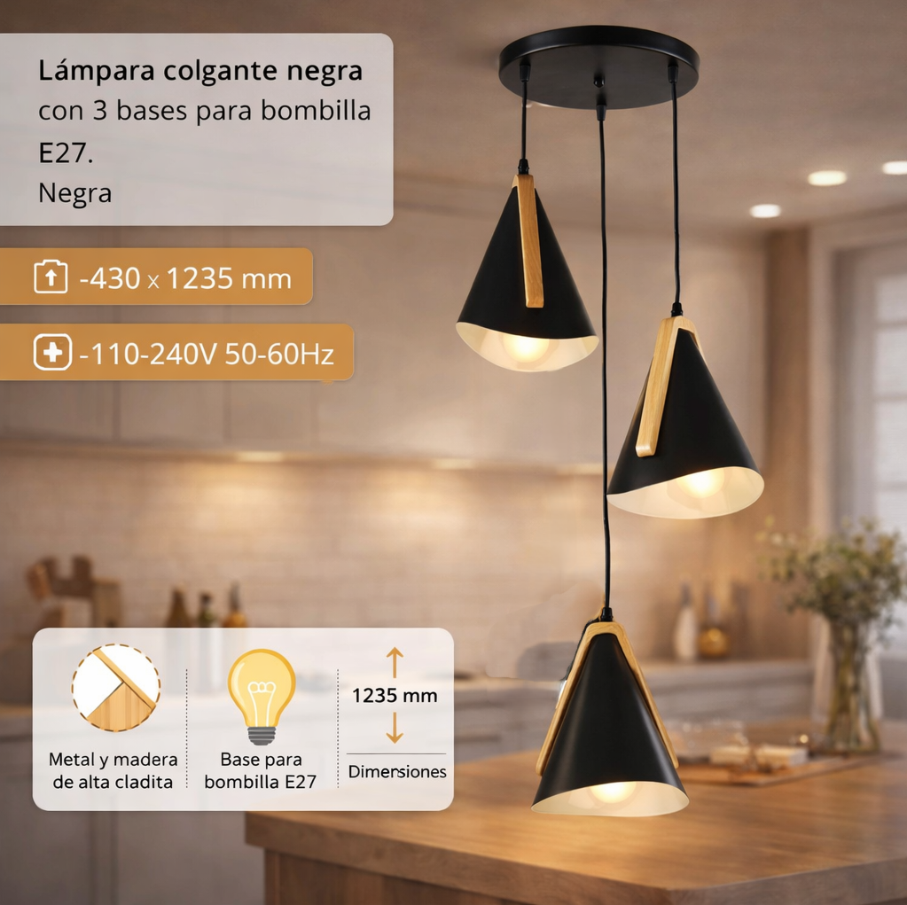 Lámpara Colgante Negra 3XE27 430x1235mm Estilo decorativo