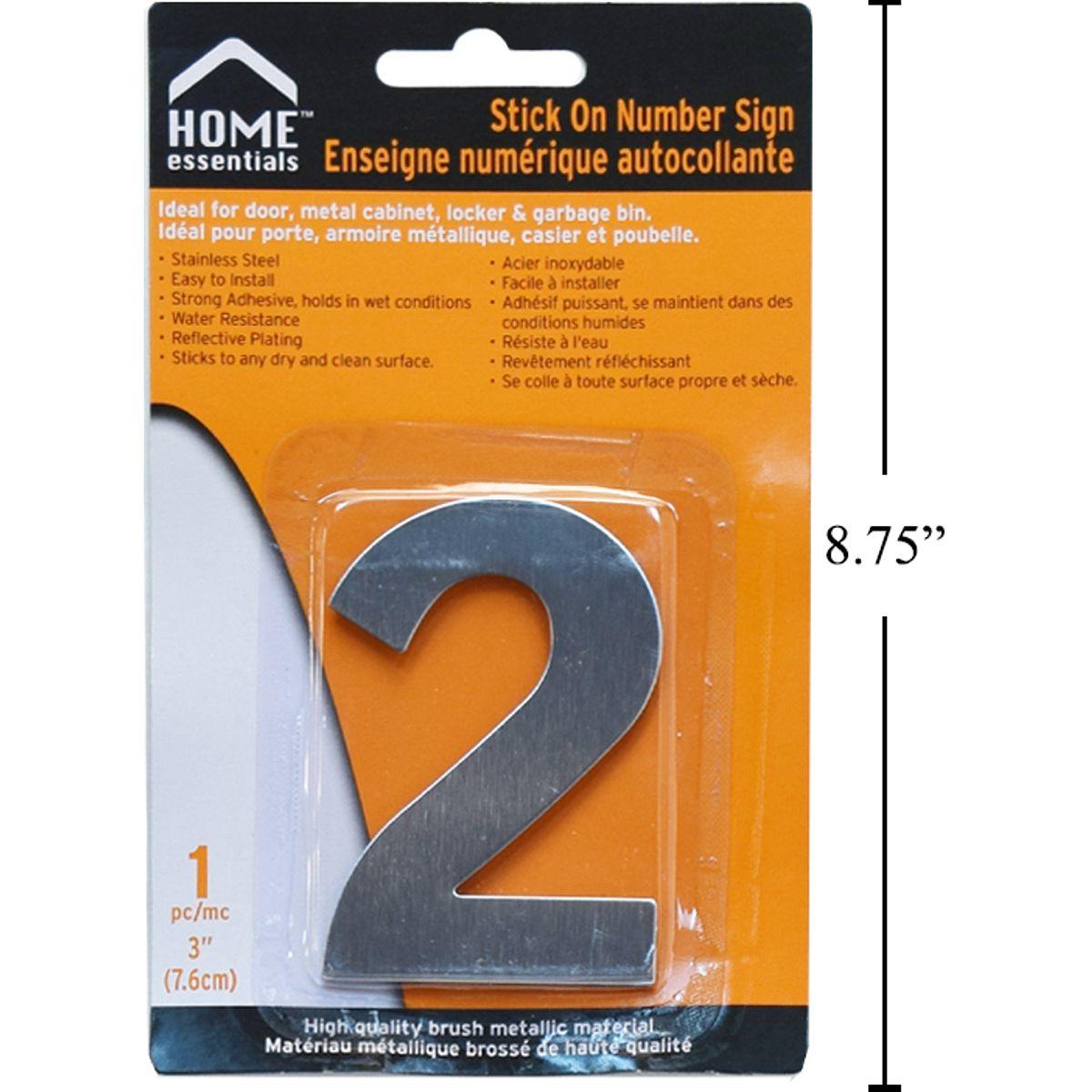Letrero Señal numérica adhesiva de 3" #2 Acero inoxidable