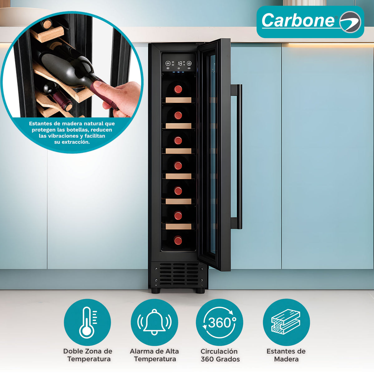 Vinera Empotrable 7 Botellas con Estantes de Madera. Enfriador de Vino con Doble Zona de Temperatura Panel Touch 5-22°C. Color Negro