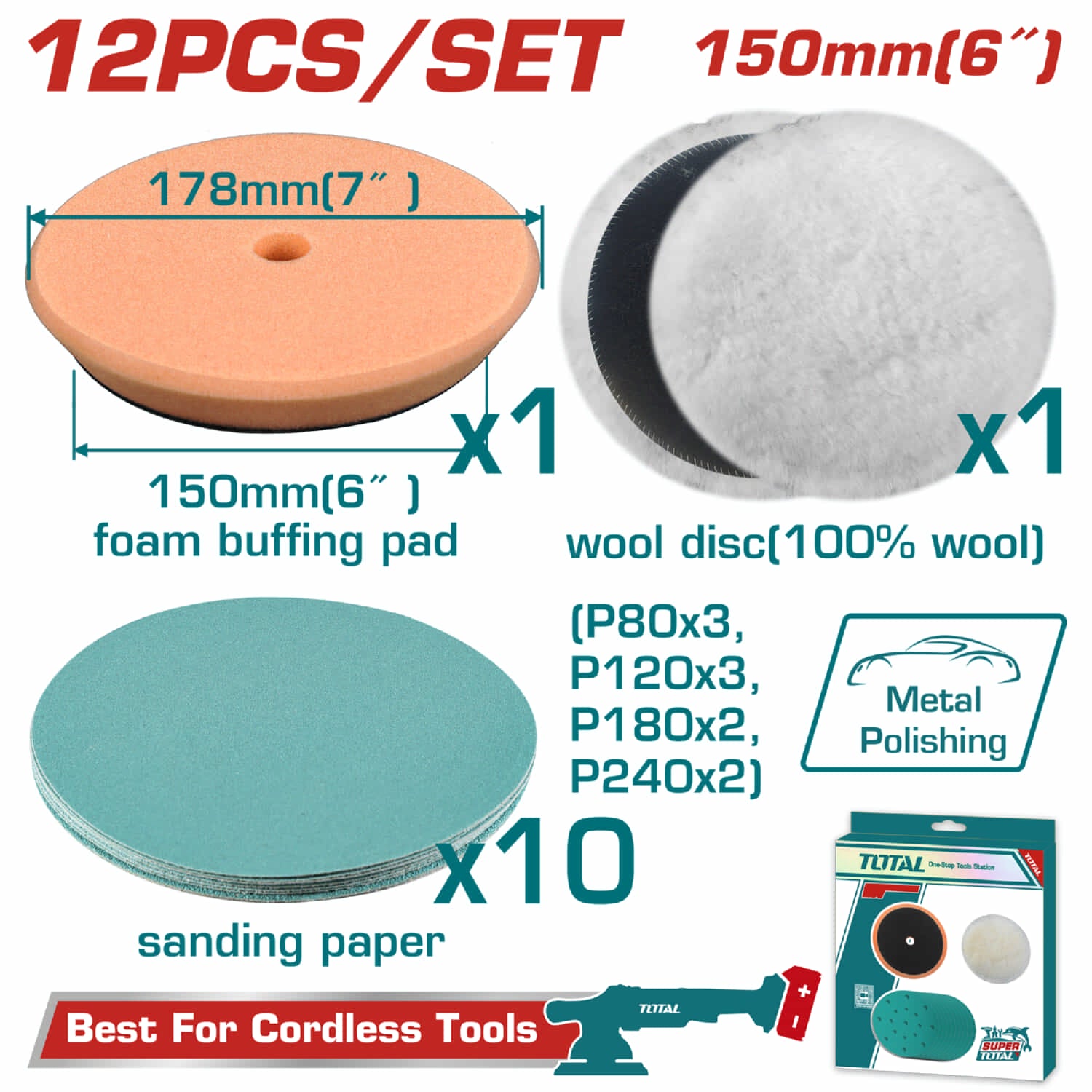 Disco de Lana 150mm, Almohadilla de espuma. Papeles de Lijado (P80,P120,P180,P240) Compatible con TAPLI2015. Para pulido y rectificado. Set de 12 piezas. Para pulidora discos tela.