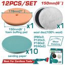 Disco de Lana 150mm, Almohadilla de espuma. Papeles de Lijado (P80,P120,P180,P240) Compatible con TAPLI2015. Para pulido y rectificado. Set de 12 piezas. Para pulidora discos tela.