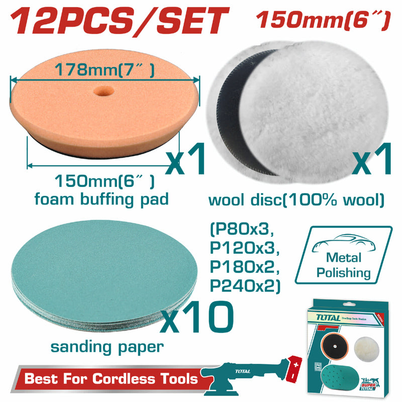 Disco de Lana 150mm, Almohadilla de espuma. Papeles de Lijado (P80,P120,P180,P240) Compatible con TAPLI2015. Para pulido y rectificado. Set de 12 piezas. Para pulidora discos tela.