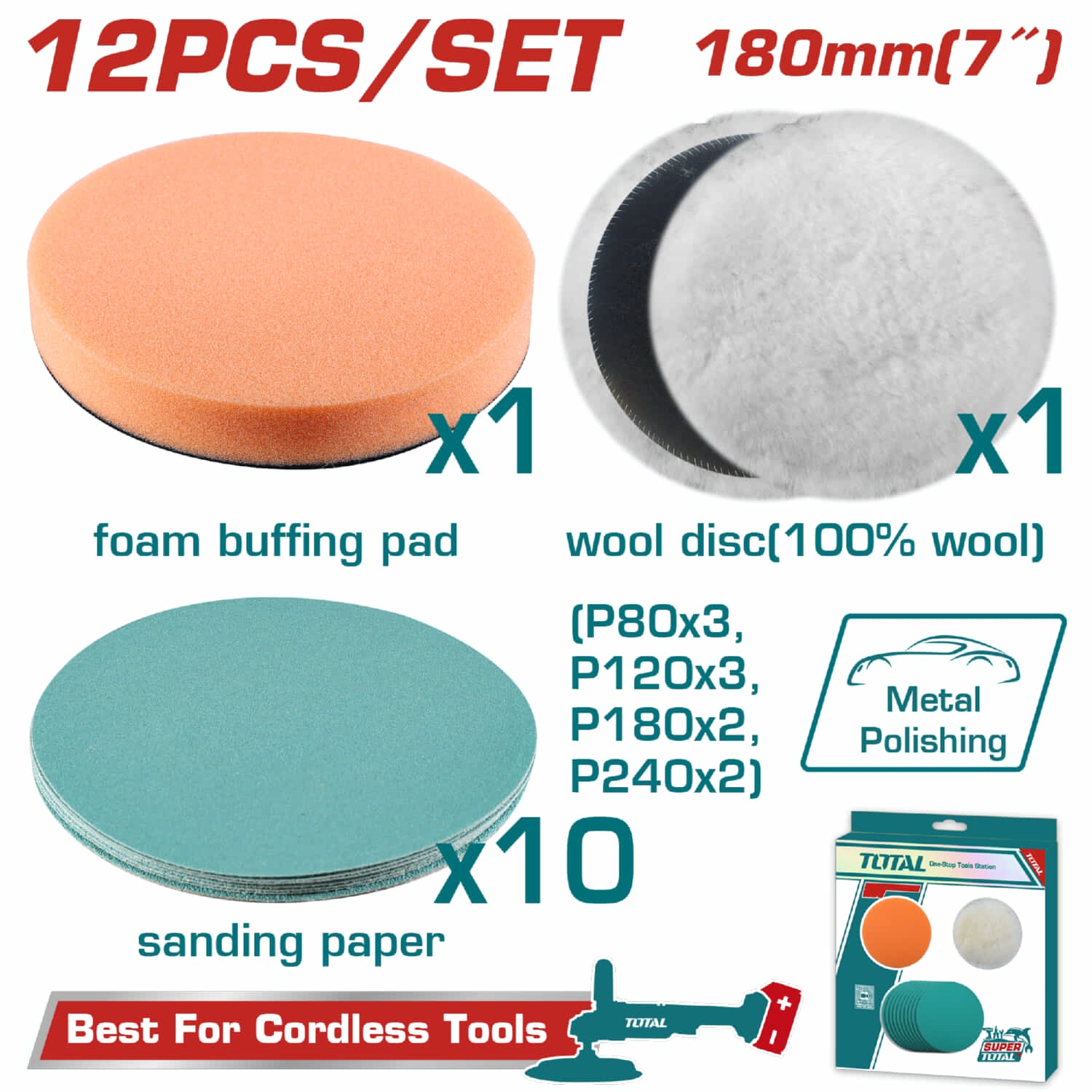 Disco de Lana 180mm, Almohadilla de pulido. Papeles de Lijado (P80, P120, P240) Compatible con TAPLI2018. Para pulido y rectificado. Set de 12 piezas. Para pulidora discos tela. Para pulir