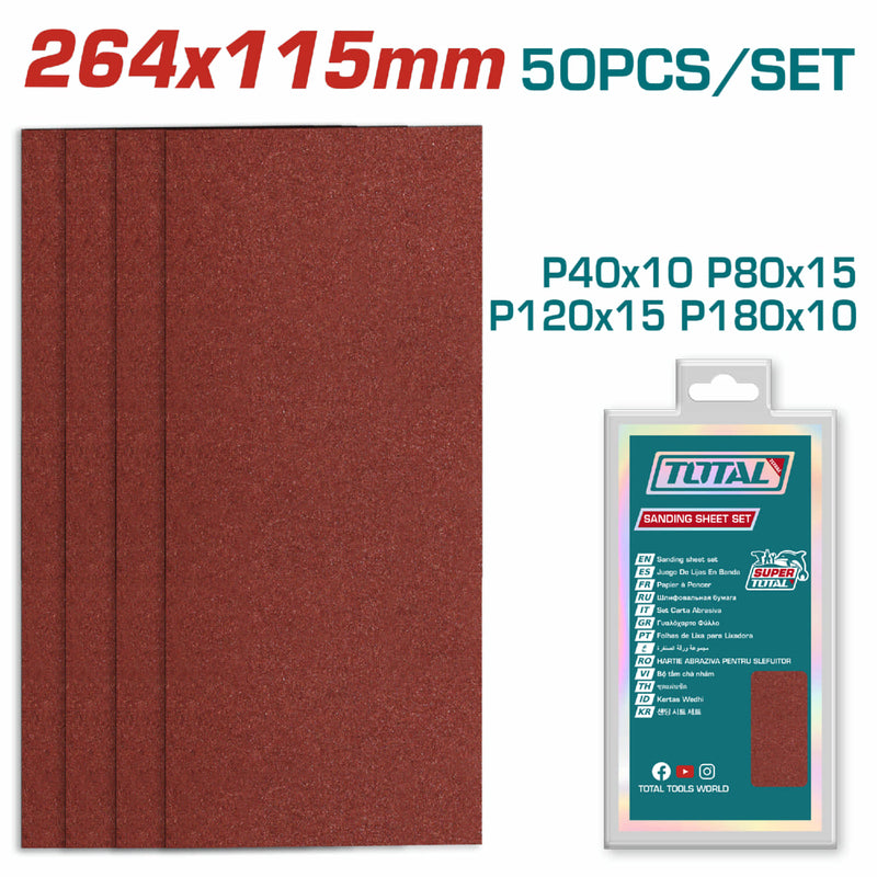 Papeles de Lija 264 x 115mm P40 P80 P120 P180. Ideal para madera y metal. Set de 50 piezas.