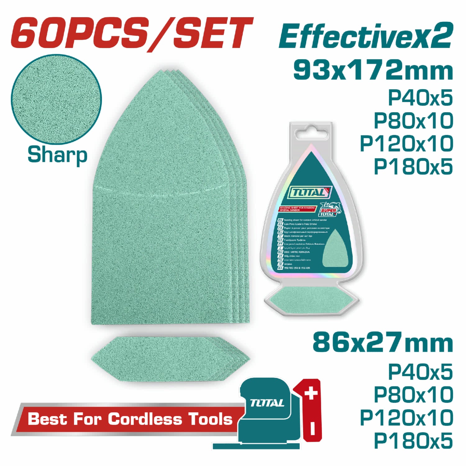 Papeles de Lija 60 Piezas 93x172mm 86x27mm P40, P80, P120, P180 Para Múltiples Superficies. Set de 60 piezas. Lijas para lijadora