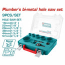 Brocas circulares sierras de orificio sacabocados bimetal. Tamaños: 19mm a 57mm. Incluye 2 vástagos hexagonales y adaptador. Ideal para plomeria fontanería. Set 9 piezas. Copas