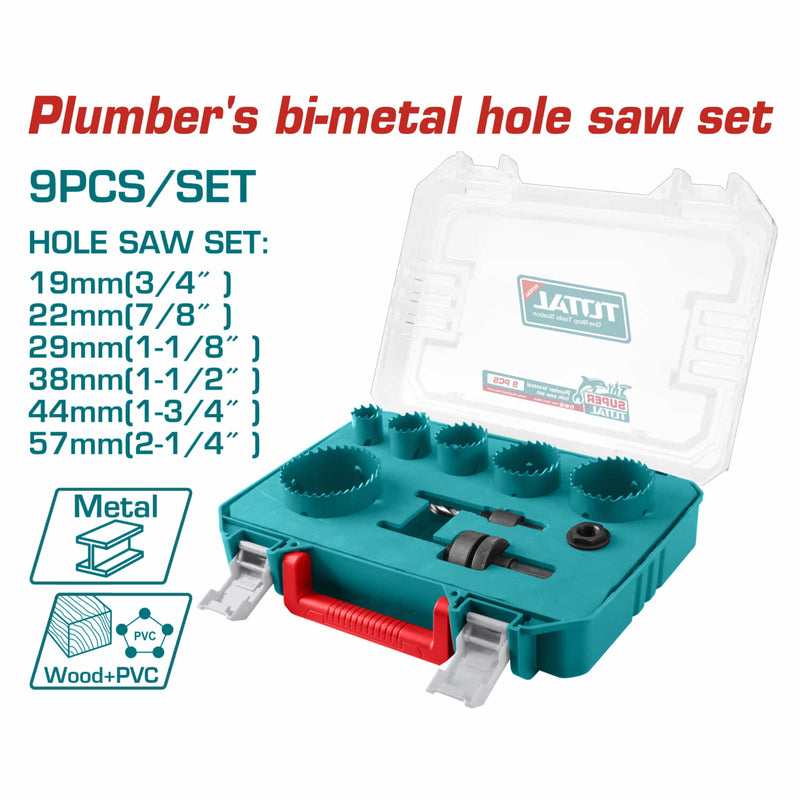 Brocas circulares sierras de orificio sacabocados bimetal. Tamaños: 19mm a 57mm. Incluye 2 vástagos hexagonales y adaptador. Ideal para plomeria fontanería. Set 9 piezas. Copas