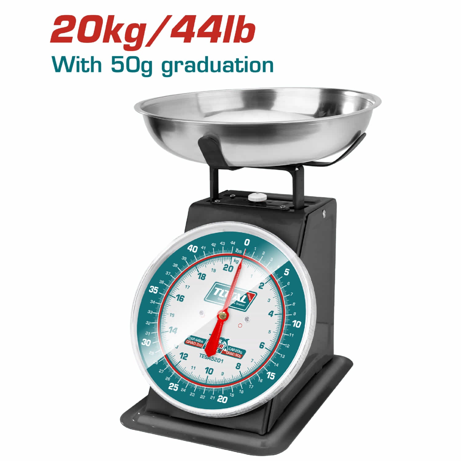Báscula de Resorte para pesar 20kg Graduación 50g Pantalla: Placa de Dial. Báscula de Aguja. Balanza pesa. Tazón de Acero Inoxidable. Tazón 255mm. Pesa