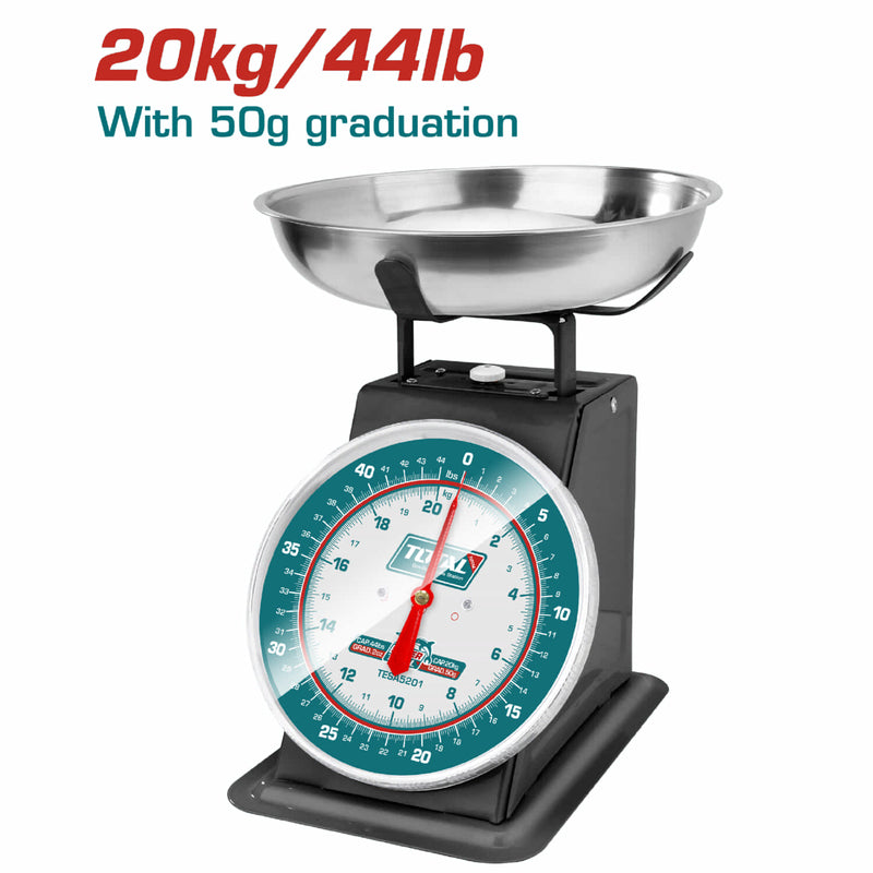 Báscula de Resorte para pesar 20kg Graduación 50g Pantalla: Placa de Dial. Báscula de Aguja. Balanza pesa. Tazón de Acero Inoxidable. Tazón 255mm. Pesa