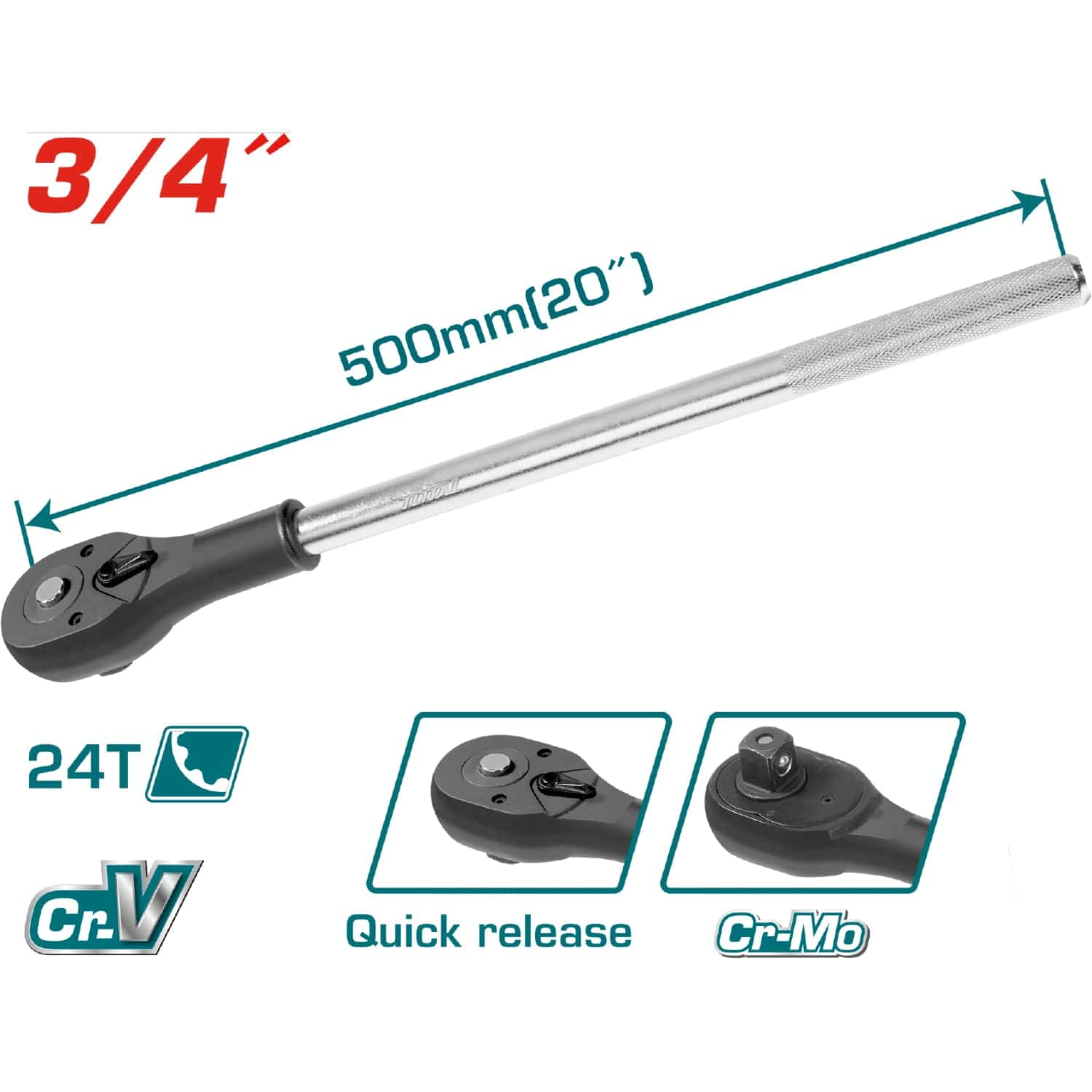 Mango Ratchet Con Liberación Rápida. 3/4" Cr.Mo. 500 Mm (20") 24T.