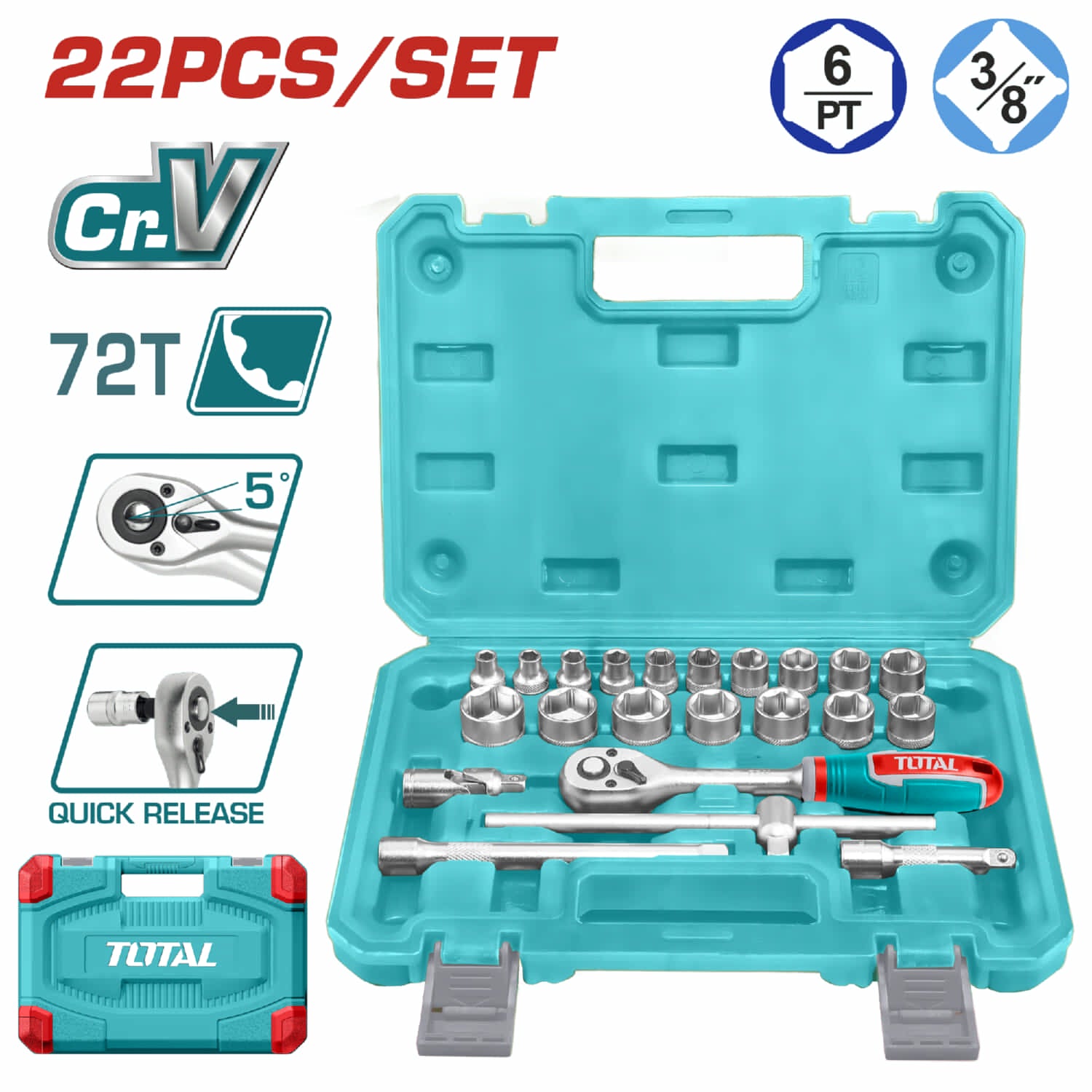 Dados Socket 3/8" Surtidos y mango socket de liberación rápida. Cr-V. 45T. Set de 22 piezas.