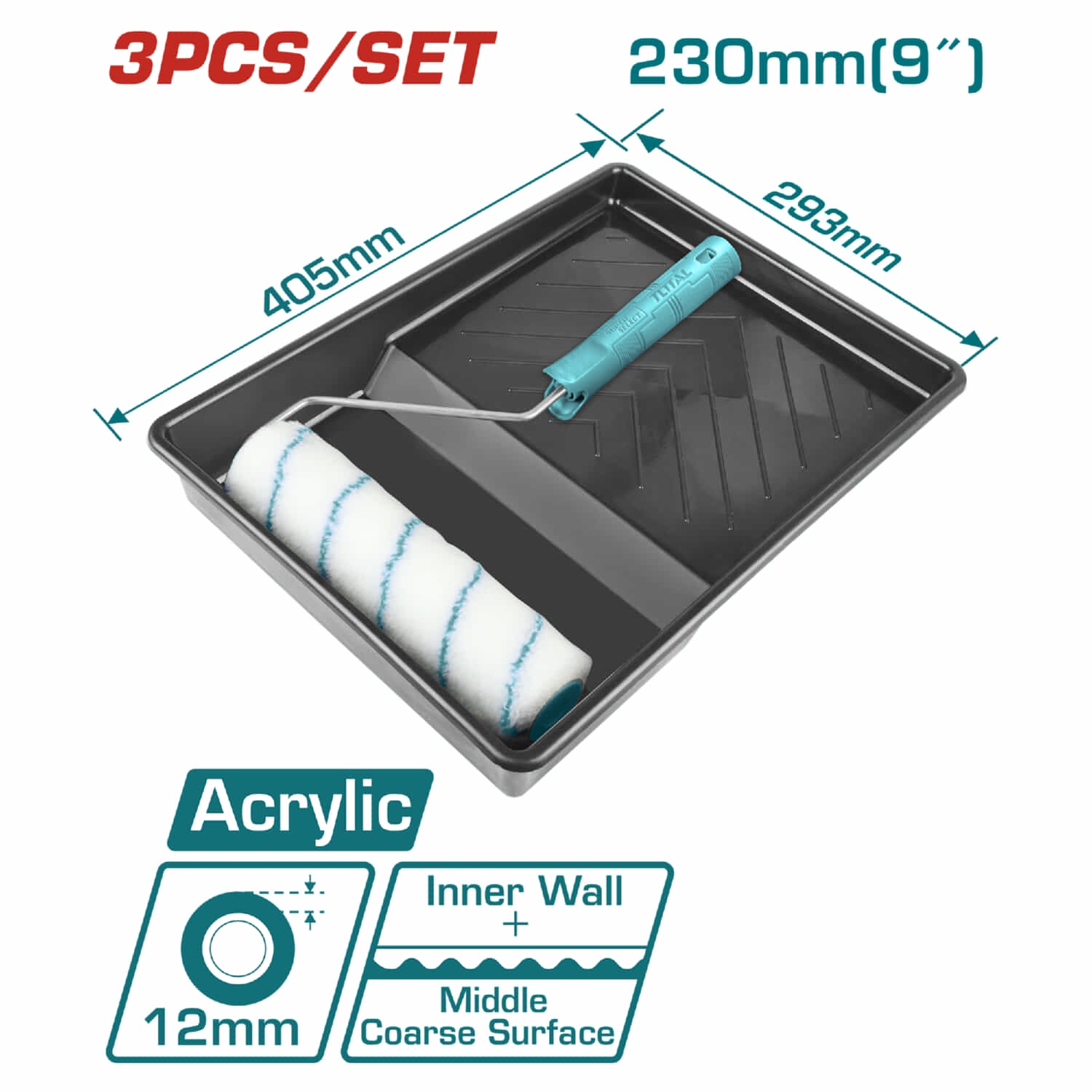 Rodillo para pintar 9" y bandeja para pintar 405x293mm. Pintura acrílica. Pared interna. Set 3 en 1.