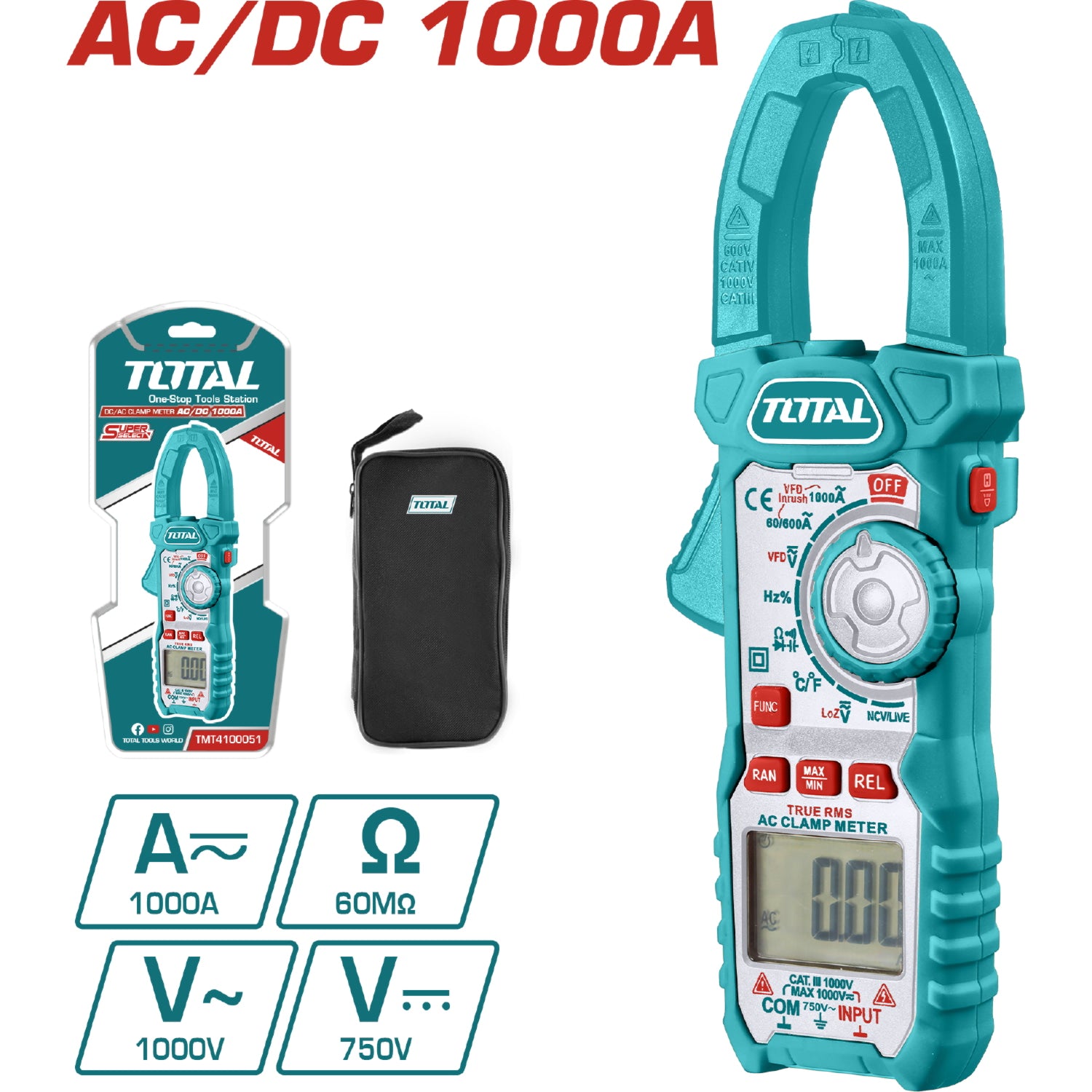 Amperímetro pinza amperimétrica 6000 Counts Data Hold DC/AC 1000A