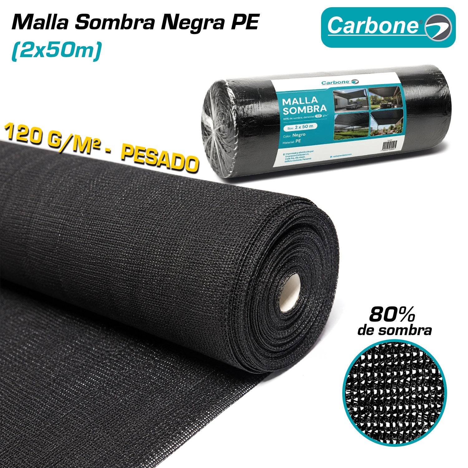 Malla Sombra Negra PE 80% De Sombra. Densidad 120 g/m² Para Jardín Cultivo Patio Terraza (2x50m)