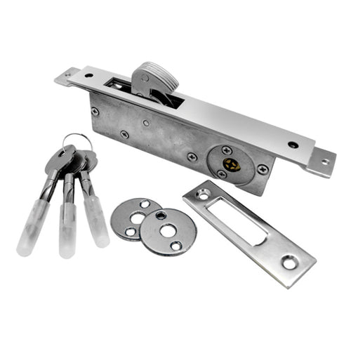 Cerradura de gancho para perfil angosto, con placa aluminio, 3 llaves de cruz.
