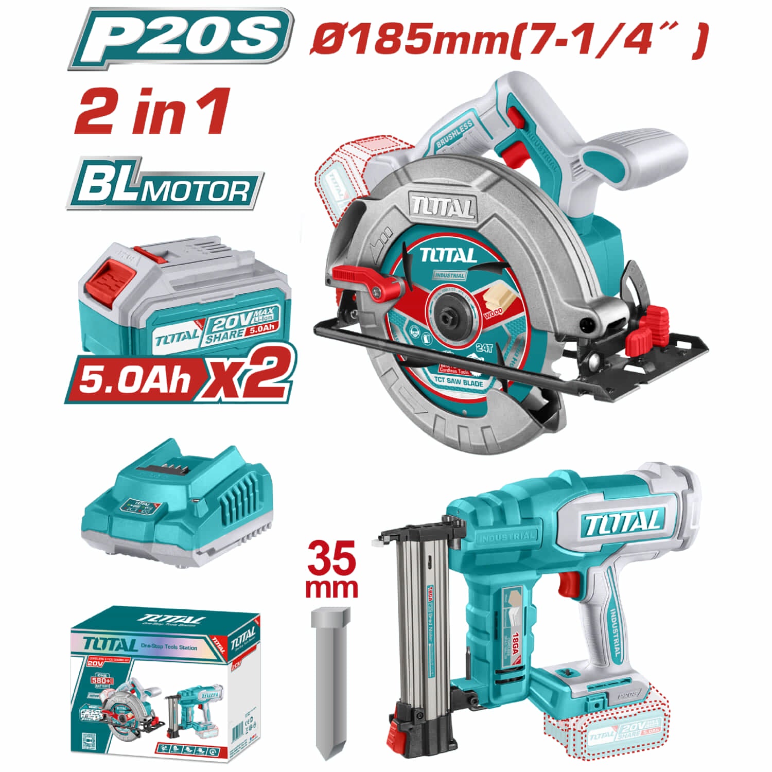 Combo del Mes Total Sierra Circular 20V 4800rpm 7-1/4''.  Clavadora Inalámbrica F15~F35. Incluye batería y cargador.  POCAS UNIDADES.