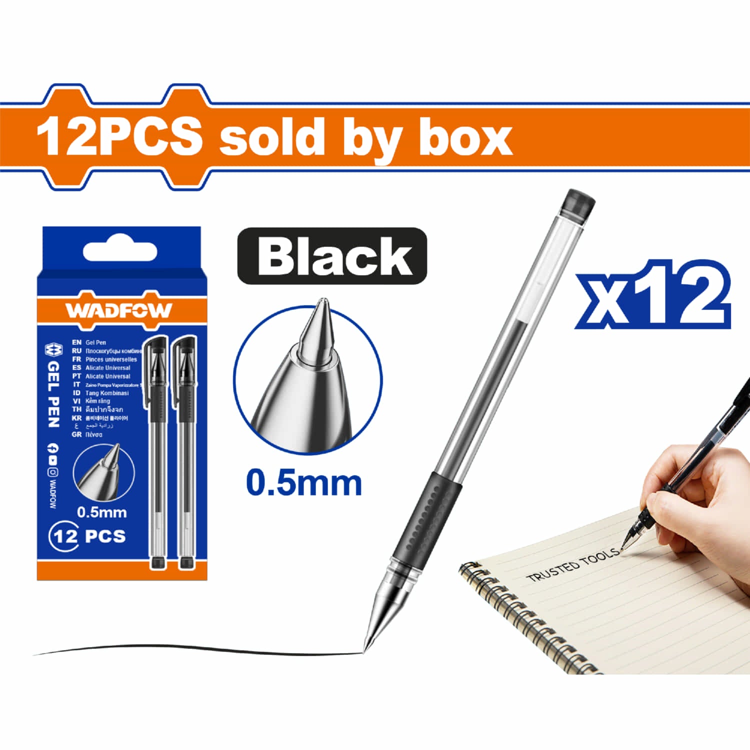 Bolígrafos de gel punta 0.5mm Negro Set de 12 pzas Agarre cómodo. Pluma gel