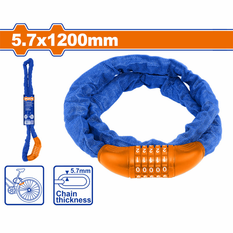Candado de Cadena de Bicicleta 5.7X1200mm Con combinación. Funda de Tela. Sin llave.
