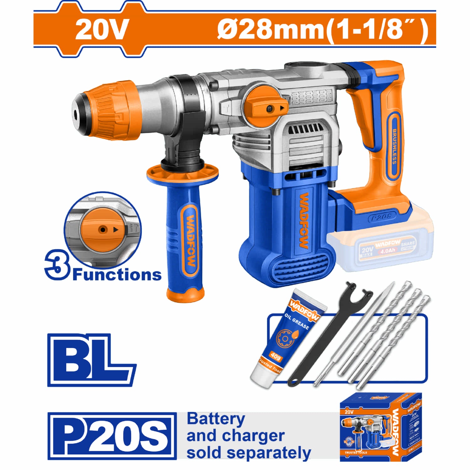 Rotomartillo Inalámbrico 20V. Motor sin escobillas. 0-930rpm 0-4400bpm 4.5J Perfora: Hormigón: 28mm, Acero: 13mm, Madera: 40mm. No incluye Batería y cargador. Taladro Demoledor