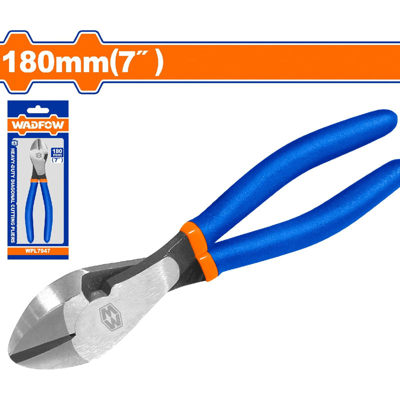 Alicate de corte diagonal 7"/180mm. Pulido y antióxido. Trabajo pesado. Con mango de plástico.