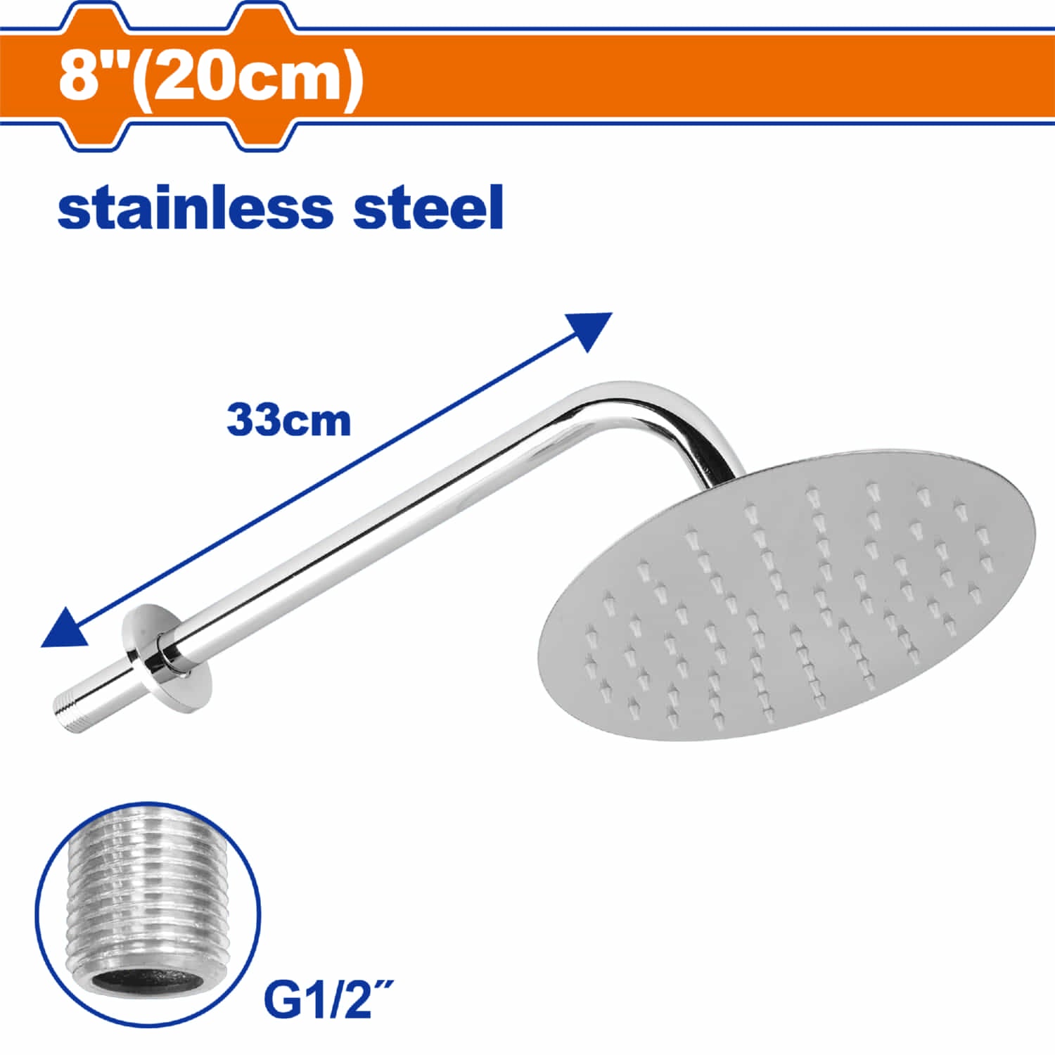 Ducha regadera redonda 8" acero inoxidable 33cm largo. Entrada G1/2" Cabezal de ducha. SET