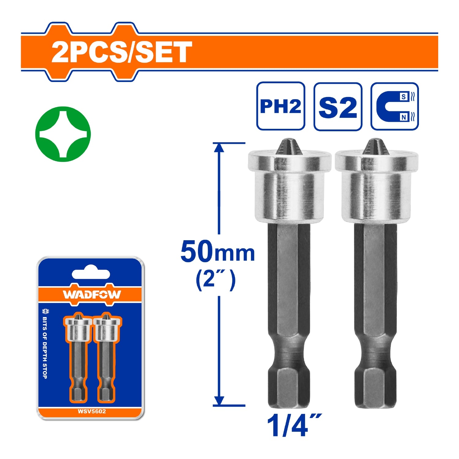 Puntas De Destornillador PH2 1/4" X 50mm Con Limitador Acero S2 Set de 2 Piezas. Punta Con Tope.