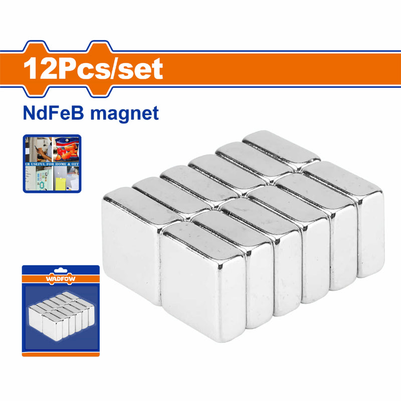 Imanes de neodimio (NdFeB) súper fuertes. Tamaño: 10x10x4mm Tratamiento de superficie: Niquelado. Set de 12 piezas. Magnetos
