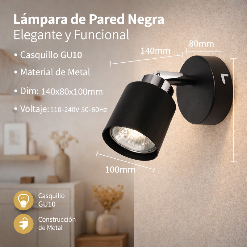 Lámpara de Pared Negra 1XGU10 Elegancia Clásica  Metal de Alta Calidad.