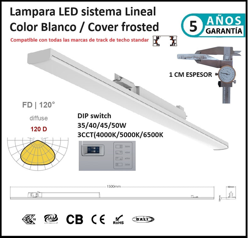 Lampara Lineal 1.5m Blanca frosted 7000lm DIP 35-50W ajustable 4000K/5000K/6500K CRI90 3 Cables AC100-227V