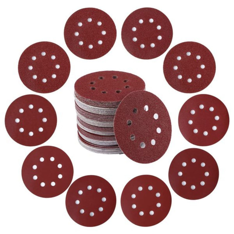 Discos de Lija de 5” (125mm) para lijadora orbital, 8 agujeros, P60, Set de 50 unidades.