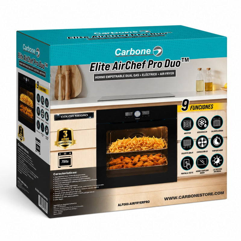 Horno Empotrable Elite AirChef Pro Duo Gas Y Eléctrico Con Air Fryer de 75 Litros y Pantalla Digital. Color Negro (60cm)