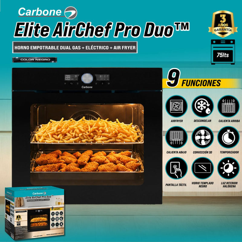 Horno Empotrable Elite AirChef Pro Duo Gas Y Eléctrico Con Air Fryer de 75 Litros y Pantalla Digital. Color Negro (60cm)