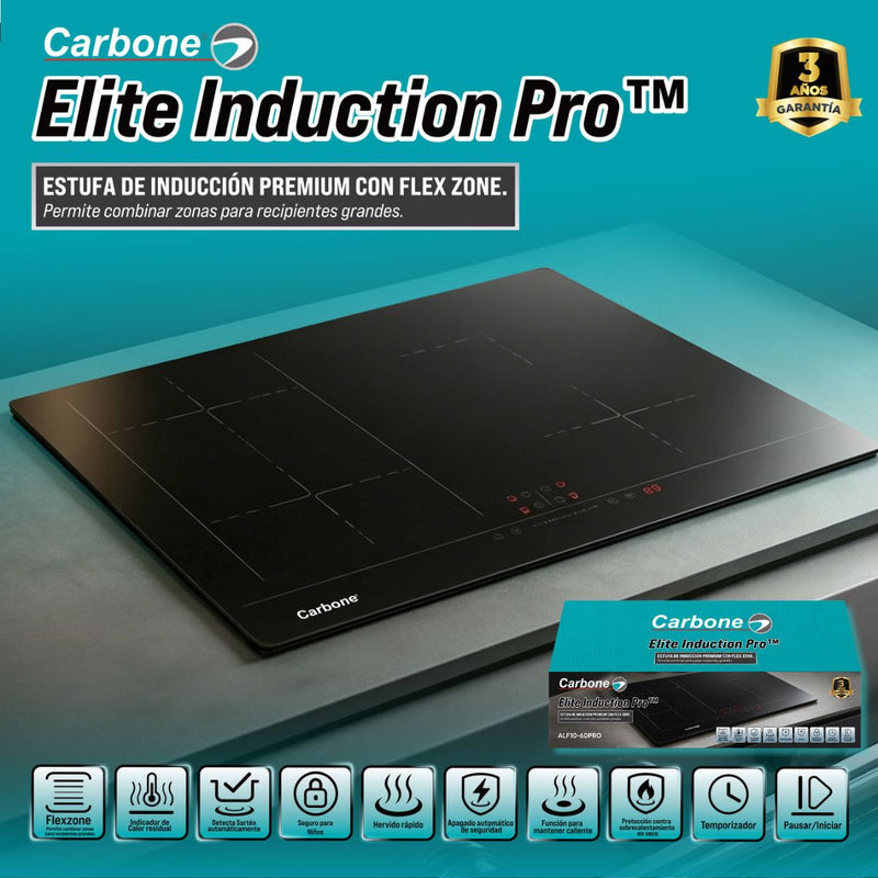 Estufa De Inducción Empotrable Elite Induction Pro Flex Zone Vidrio con Temporizador y Apagado Automatico. Color Negro (60Cm)