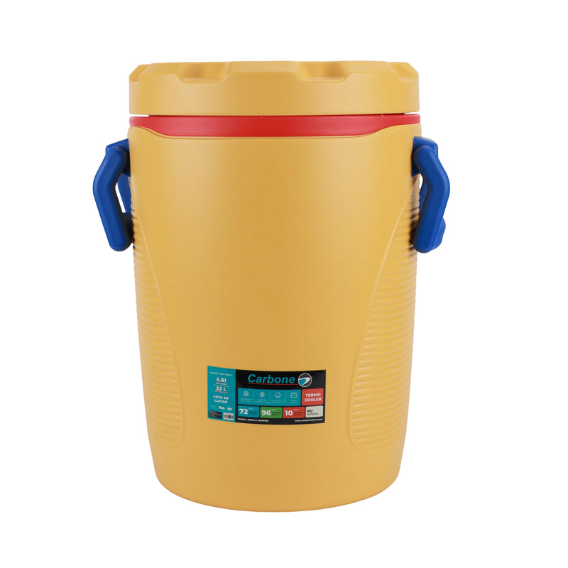 Termo Cooler Agua 5.8 Galones 22 Lts. Dispensador de Bebidas Térmico con Grifo de Alta Resistencia para Agua Jugos Ideal Camping Obra Eventos. Color Amarillo