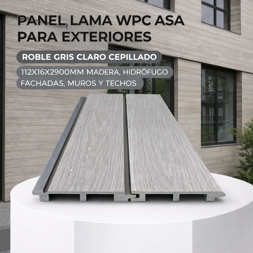 Panel Lama WPC ASA Roble Gris claro cepillado para exteriores 112x16x2900MM, Madera, hidrófugo fachadas, muros y techos