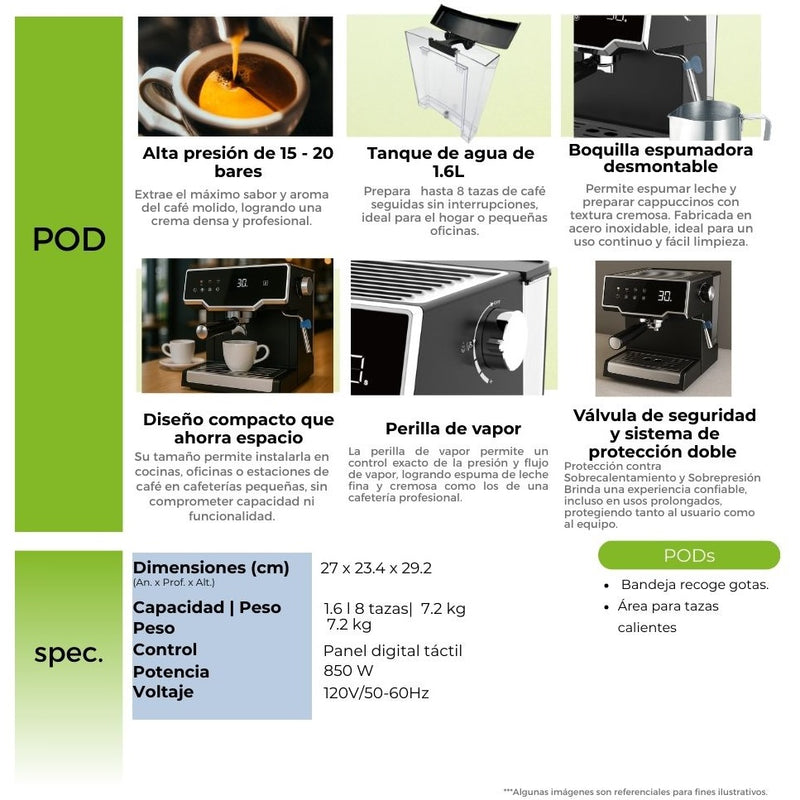 Cafetera automática (espresso/cappuccino) 850W. Máquina de café multifuncional de 8 tazas con espumador de leche y tanque de agua 1.6 L. Modelo Mocca Drija