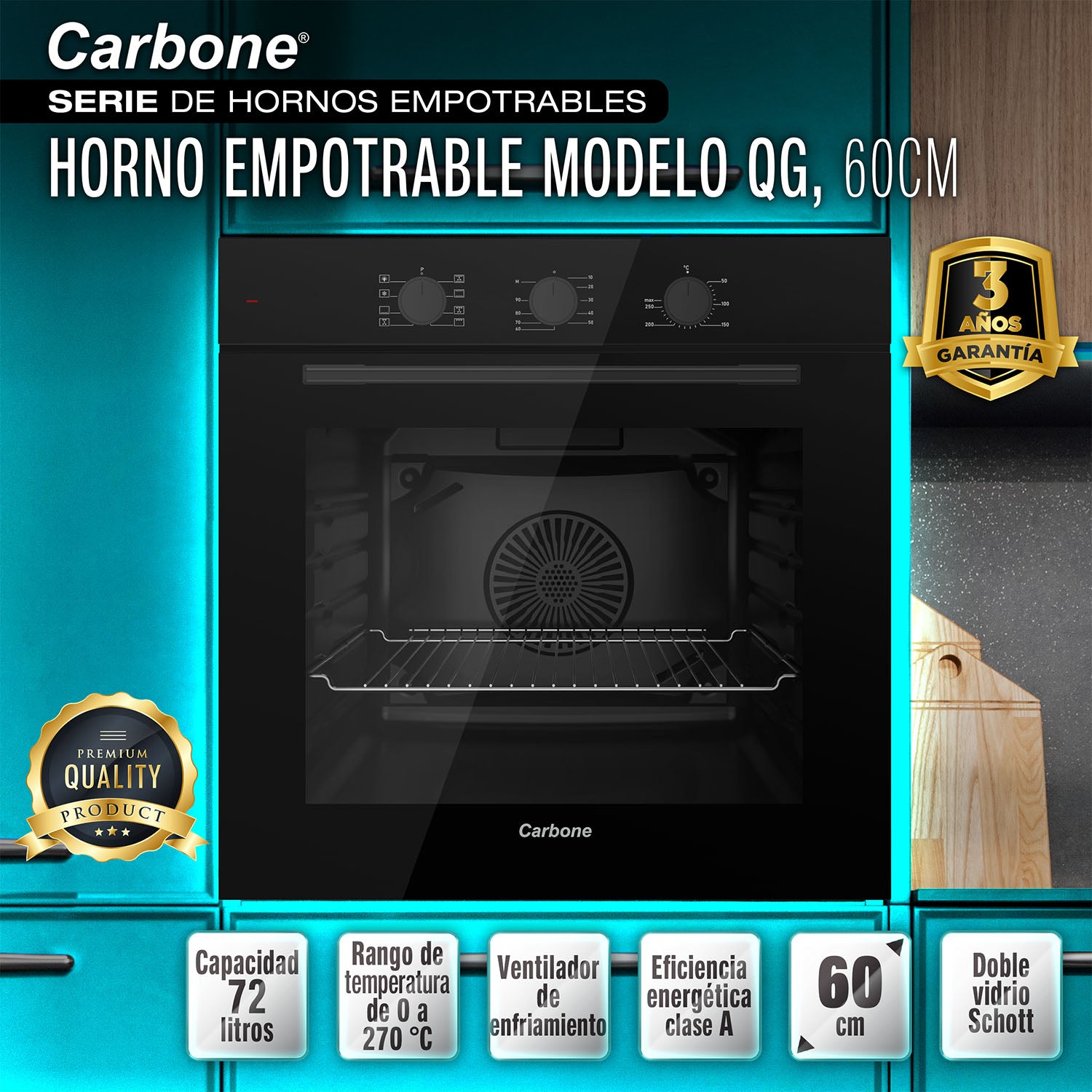 Horno Empotrable a gas de 60 cm Capacidad 72L 110V Rango 0°C a 270°C