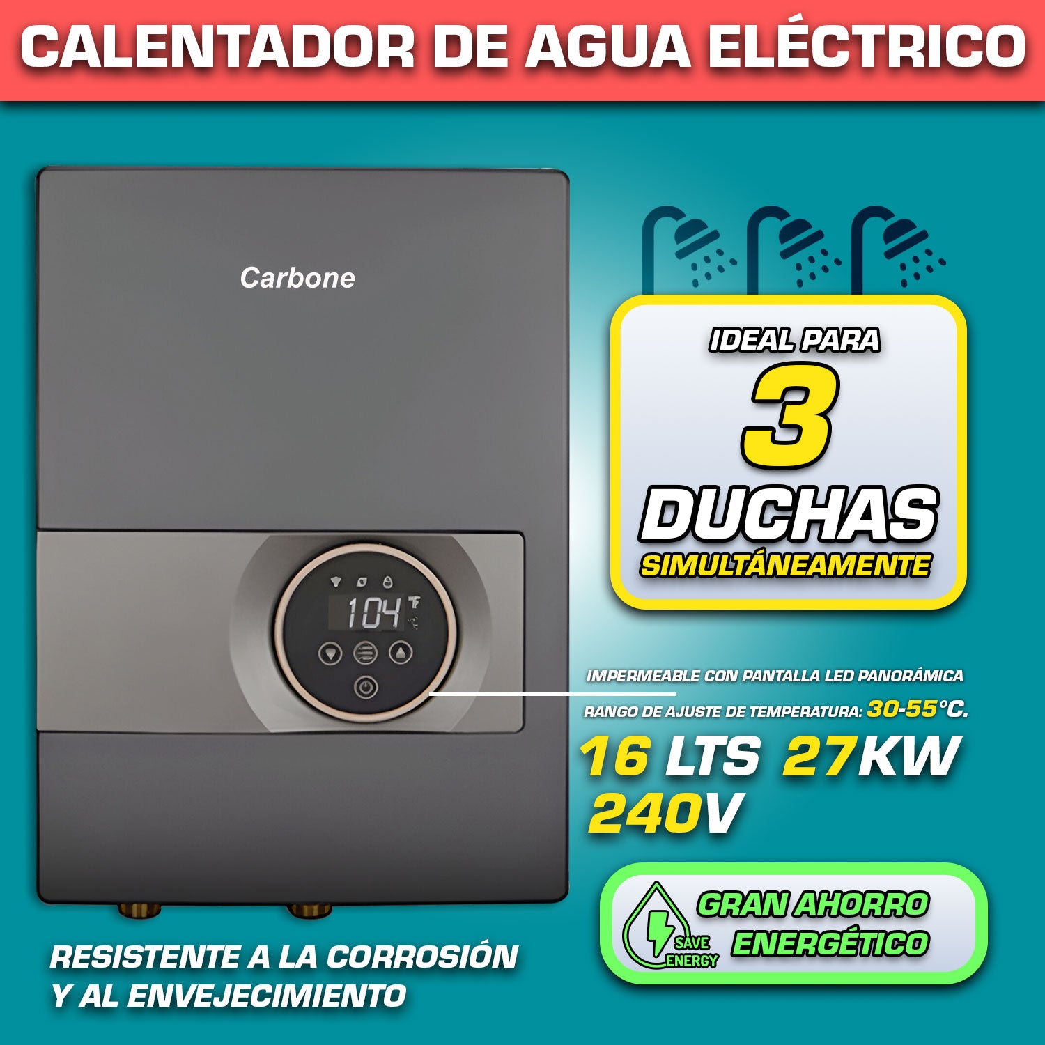 Calentador de agua eléctrico 16 Litros de 27Kw 240V (3 duchas simultáneamente)