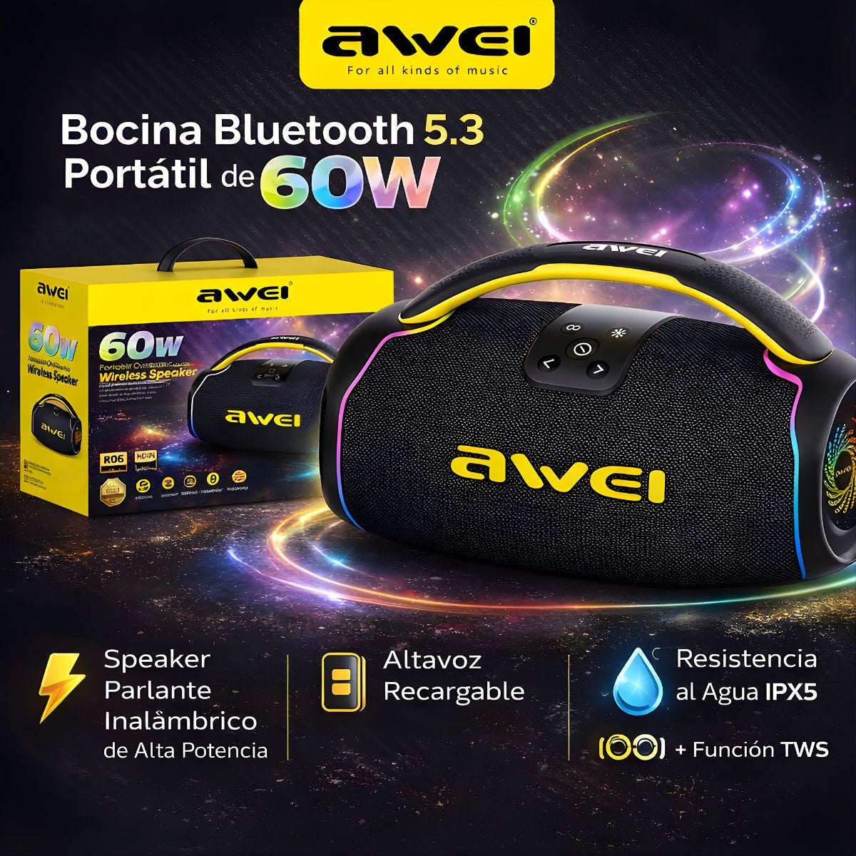 Bocina Bluetooth 5.3 Portátil de 60W. Speaker Parlante Inalámbrico de Alta Potencia. Altavoz Recargable con Resistencia al Agua IPX5 y Función TWS.
