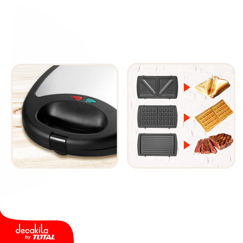 Sandwichera, waflera y grill 3 en 1 de 750W 120V Con moldes cambiables (1 plancha para 3 usos)