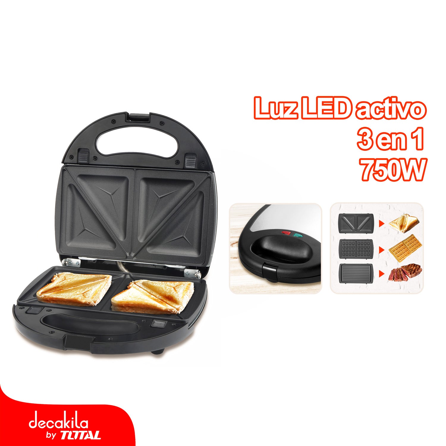 Sandwichera, waflera y grill 3 en 1 de 750W 120V Con moldes cambiables (1 plancha para 3 usos)